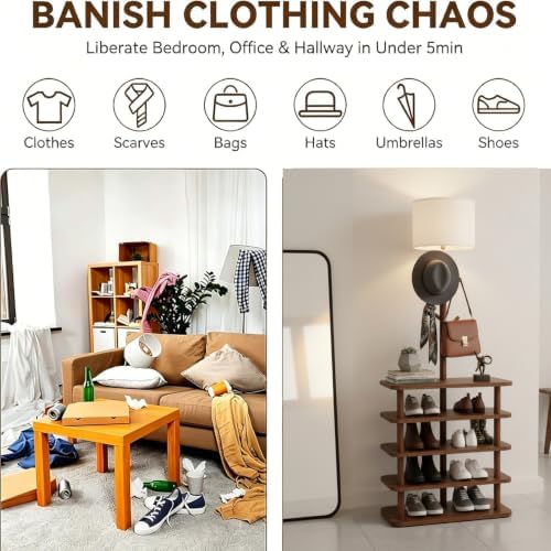 Shoe Rack with Lamp, 200 lbs Load Capacity Shoe Organizer with Coat Rack, Free Standing Shoe Shelf for Entryway, Closet, Bedroom, Dorm – Easy Assembly