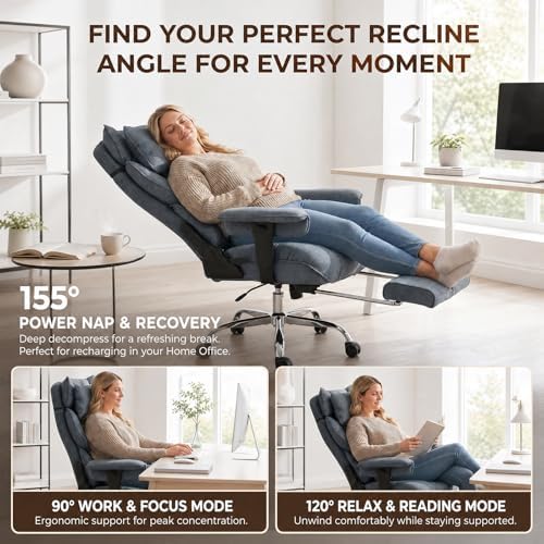 mokodo Big and Tall Office Chair 400lbs, Breathable Fabric Executive Desk Chair with Pocket Spring Cushion, 155° Reclining Computer Chair with Integrated Headrest & Lumbar Pillow (Dark Blue)