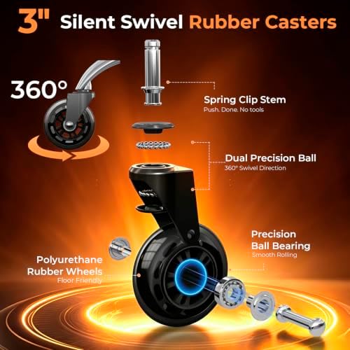Office Chair Wheels for Casters Replacement - 3" Rubber Wheels for Computer Gaming Desk Caster Smooth & Safe Rolling for All Floors Including Hardwood and Carpet - Set of 5 - Black