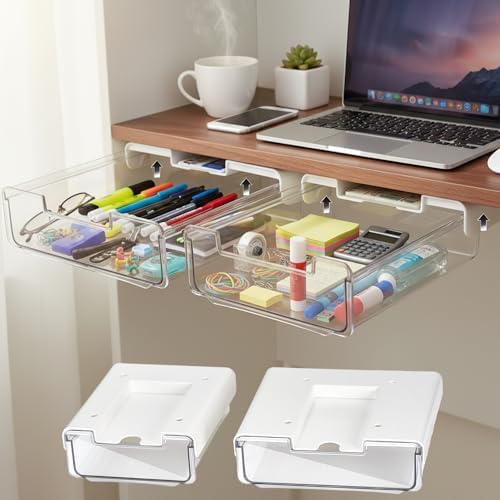 2 Pack Under Desk Hanging Drawer Slide Pull Out, Attachable Clear Acrylic Storage Tray, Easy Hidden Self Adhesive Mount Cabinet Shelf Holder for Tables, Home & Office, Counters, Workstation