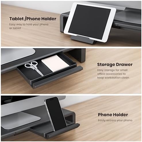 Klearlook Computer Monitor Stand for Desk, Adjustable Foldable Monitor Riser with Storage Drawer & Tablet Phone Holder for Office, Home, Laptop, Desktop (Black 2 Pack)