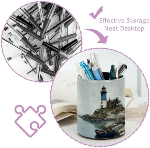 Leather Pen Holder for Desk, Coastal Lighthouse Pencil Cup Pen Organizer Makeup Brush Holder for Office Home Kids Countertop Desk Accessory Storage