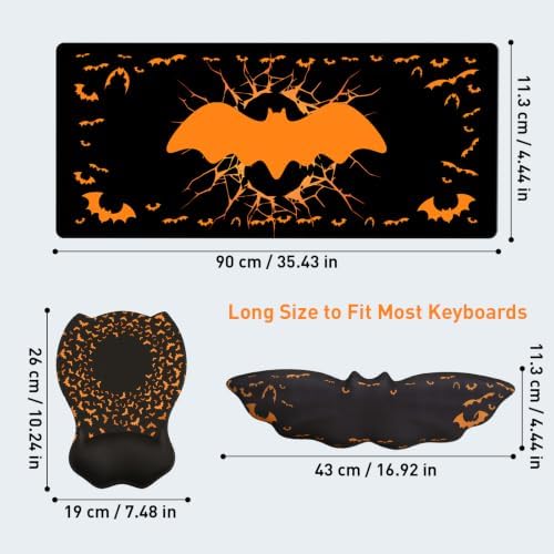 Gaming Mouse Pad XXL with Ergonomic Wrist Support Set, Bat-Themed Desk Mat&Keyboard Wrist Rest&Mouse Pad Wrist Support, Non-Slip Base Pad Set for Home, Office, PC & Laptop（bat Groups）