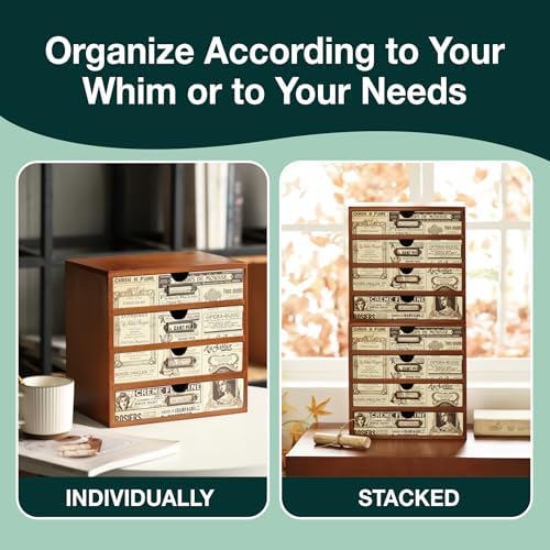 4-Drawer Vintage Ephemera Pattern Desktop Organizer - Arts and Craft Newspaper Design Desk Storage Cabinet - Ephemera Wood Shelf Drawers with Label Holders - Scrapbook Collecting