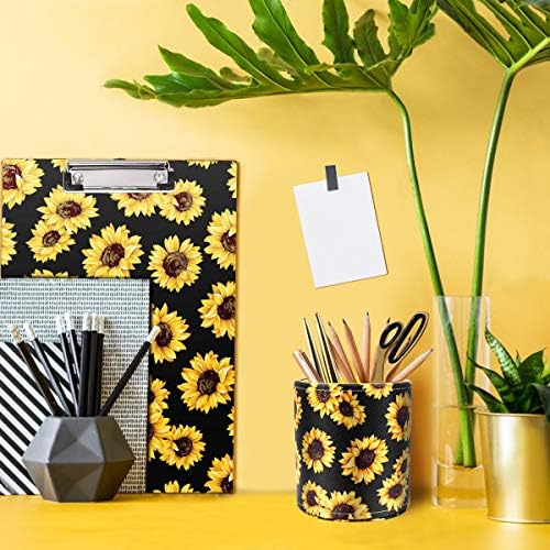 Round Leather Pen Holder for Desk, Sunflower