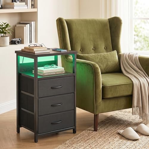 Fixwal Night Stand with 3 Drawers, Black Nightstand with Charging Station