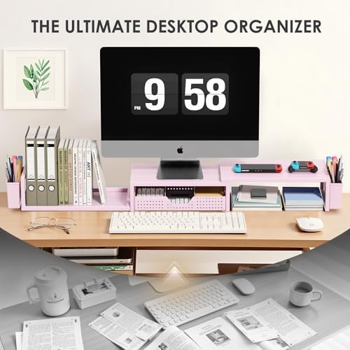 OPNICE Desk Organizers and Accessories, Dual Monitor Stand Riser with Drawer and 2 Pen Holders, Desk Shelf Printer Stand for Office Workspace Organizers, Desktop Organization (Pink)