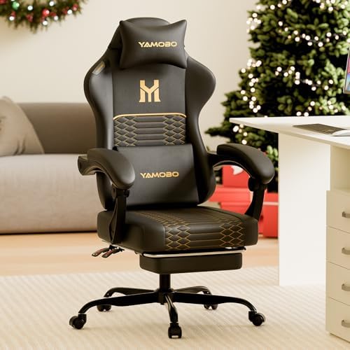 Gaming Chair with Footrest, Ergonomic Video Game Chair with Adjustable Lumbar and Headrest Massage Support,PU Leather High Back Recliner Comfortable for Office, Game and Study, Black