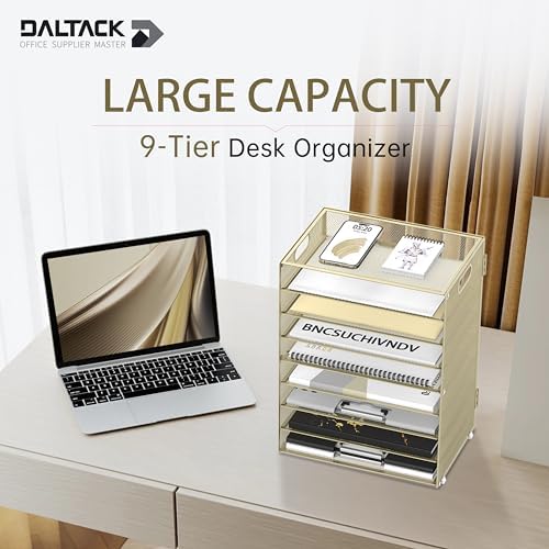 9-Tier Paper Organizer for Desk, Letter Tray with Handles, Golden Yellow