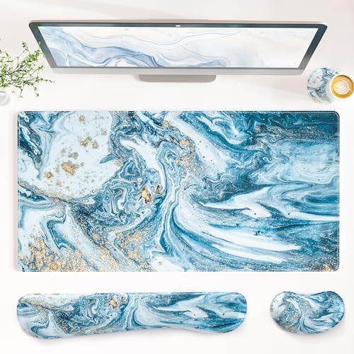 QIYI PU Leather Desk Mat Set, 4-in-1 Ergonomic Wrist Rest, Blue Marble
