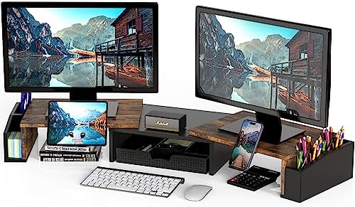 Simple Houseware Desk Dual Monitor Stand Riser with Drawer, Rustic Brown