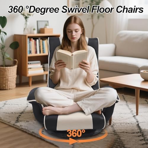 Ergonomic Gaming Chair, 6-Position Reclining Sofa Bed with Lumbar Support, Foldable Floor Lounger with Thick Cushion, Armrests & Side Pockets for Reading, Gray/Beige