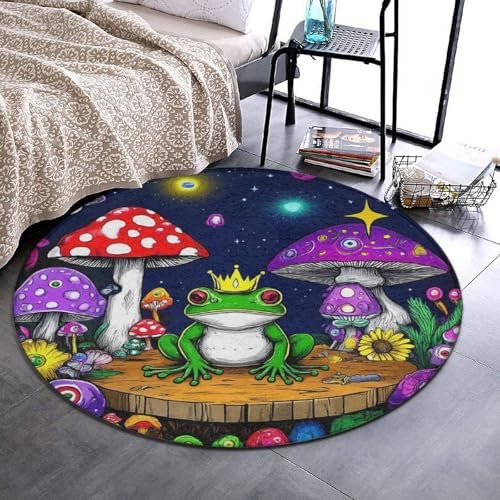 Room Sofa Yoga Soft Round Carpet, Home Decor Non Slip Kitchen Office Circle Rug, Machine Washable Modern Round Area Rug Magic Mushrooms Frog Trippy Art, 24inch