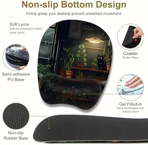 Aesthetic Green Plant Books Mouse Pad with Wrist Support 4 in1 Set, XXL Big Game Mousepad + Keyboard Wrist Rest + Mouse Wrist Rest Pad +Coaster Gaming Mat for Work Study I Japanese Anime Lofi Cat