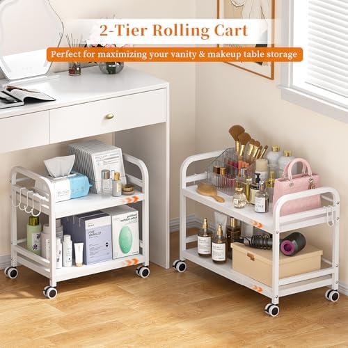2-Tier Expandable Rolling Cart, Pantry Storage Cart with Wheels, Adjustable Rolling Pantry Floor Organizer, Metal Under Desk Cart, Sturdy Can Storage & Snack Organizer for Kitchen Pantry, White