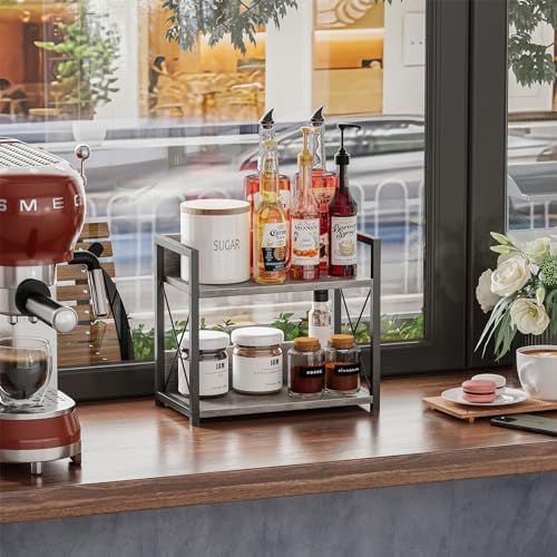 Giikin Countertop Shelf Organizer, 2 Tier Kitchen Spice Rack for Countertop, Wood Kitchen Counter Shelf for Home, Coffee Station Organizer (Grey,S)