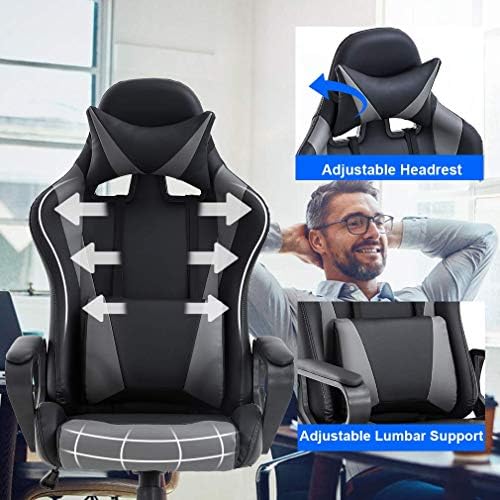 Grey Gaming Chair PC Office Chair, High Back Computer Chair Gaming Chairs for Adults, Ergonomic Desk Chair Office Gaming Chair with Wheels, Reclining Gamer Chair, Adjustable Headrest Lumbar Support