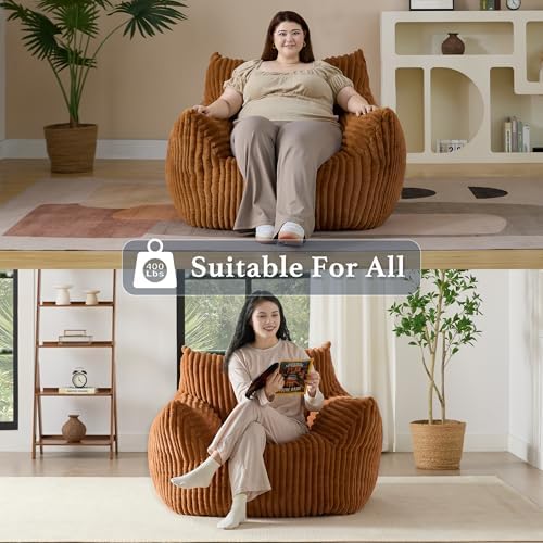 Giant Plush Bean Bag Chair for Adults with Armrests - Oversized Comfy Orange Beanbag Lounge Lazy Floor Sofa Accent Chair for Living Room, Bedroom & Dorm, Cozy Fluffy Single Cloud Mini Couch