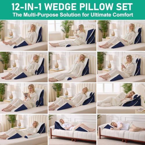 4PCS Wedge Pillow Set for After Surgery, Orthopedic Bed Wedge Pillow for Back Pain Relief, Sitting Up in Bed, Acid Reflux, Adjustable Post Surgery Pillows for GERD, Snoring, White/Navy