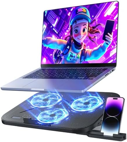 Laptop Cooling Pad with 3 Quiet Fans, 5-Level Height Adjustable Ergonomic Stand, 2 USB Ports & Phone Holder, Fits 12-17 Inch Laptops, Family-Friendly for Gaming/Work/Online Class,