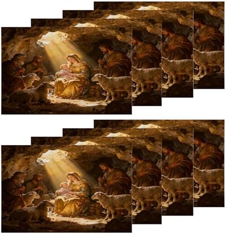 Shrahala Beige Christmas Christ Set of 8 12 X 18 Inch Linen Placemats, Blue Christian Christian Burlap Table Mat Washable Double Layered Heat Insulation for Indoor/Outdoor