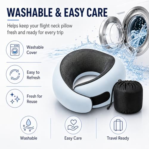 Travel Neck Pillow for Airplanes, Pure Memory Foam Neck Pillow with Washable Cover and Storage Bag, Ergonomic 360° Support for Sleeping, Car, Office, Home, Light Blue