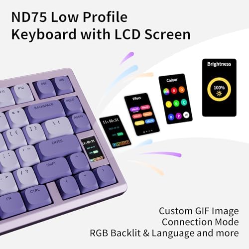 OOCTPK Mechanical Keyboard, Chilkey ND75 LP Wireless Gaming Keyboard with LCD Screen, Bluetooth 5.3/2.4G/USB-C, Hot Swappable Per-Key RGB Custom, Thin Front, Wrist Rest, Full-Aluminum, PC/Mac Support