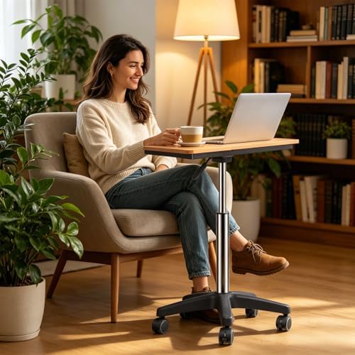 wishacc Large Rolling Desk Adjustable Height with Drawers, Mobile Standing Desk on Wheels, Portable Computer Workstation, White Sit to Stand Desk with Cup Holder & Storage for Home Office (Large)