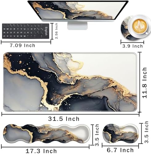 Keyboard Wrist Rest and Mouse Pad with Wrist Support Set Ergonomic Coaster,Memory Foam,Easy Typing Pain Relief,Large XL Desk Mat 31.5"x 11.8",Black Gold Marble