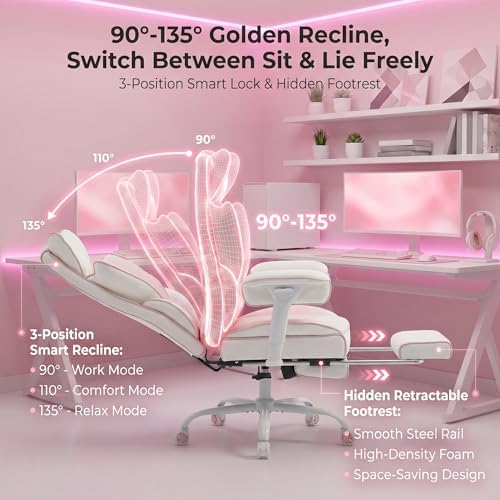 Big and Tall Gaming Office Chair 400lbs - Heavy Duty Ergonomic Computer Desk Chair with Footrest, Adjustable Armrests, High Back PU Leather with Racing Style (White/Pink)