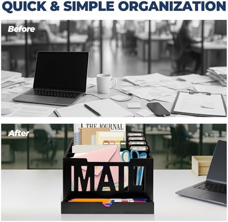 Mail Organizer Countertop, Desktop Mail Sorter with Drawer & Label Tags, BK