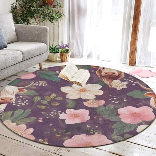 Room Sofa Yoga Soft Round Carpet, Home Decor Non Slip Kitchen Office Circle Rug, Machine Washable Modern Round Area Rug Highland Cow Pink Flowers Art, 24inch