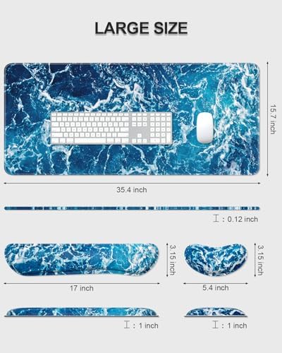 Auhoahsil Large Mouse Pad with Wrist Rests for Keyboard & Mouse, Thick Soft Ergonomic Memory Foam Wrist Supports, Big & Long Desk Mat 35.5 x 15.7 in, for Office Gaming Computer, Beautiful Ocean