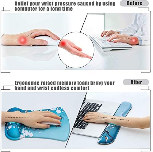 Ergonomic Memory Foam Keyboard Mouse Pad Set with Rest Wrist Cushion Support for Laptop/Notebook/Desktop/Computer/Gaming/Home/Office/Desk, Comfortable & Lightweight (Birds & White Flowers)
