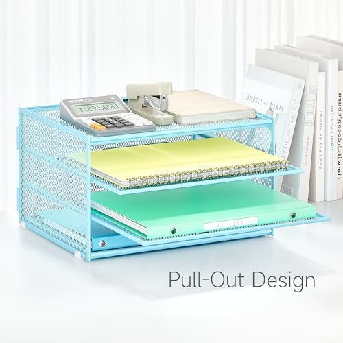 Lavatino 3-Tier Letter Tray Desk Paper Organizer – Blue Mesh Metal File Tray Organizer for Desk, Office Supplies & Home Organization | Fits A4/Letter Paper, Mail, Magazines and Office Accessories