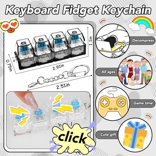2 PCS Clear & Black Keyboard Fidget Toy, Keyboard Fidget Keychain 4-in-1 Keyboard Decompression Button Finger Clicker Toys, Button Stress Relief Fidget Gifts to Relief Stress (General)