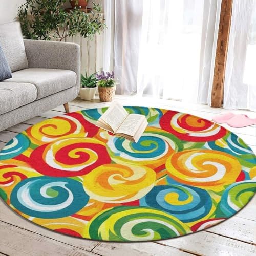Men's Large Home Decor Mat, Soft Round Yoga Carpet, Non Slip Machine Washable Home Office Circle Rug Colorful Candy