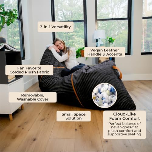 Big Joe Turnabout 3-in-1 Convertible Bean Bag Chair, Black Licorice