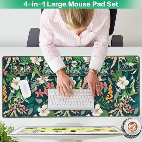 Desk Mat Floral, Large Gaming Mouse Pad with Wrist Rest, 4in1 XXL