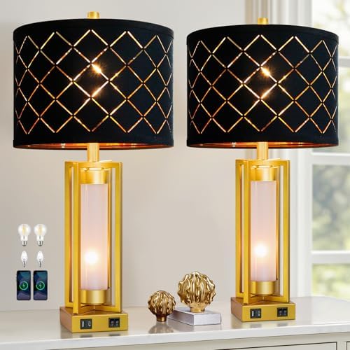 Set of 2 Modern Table Lamps for Living Room Bedroom with USB C+A