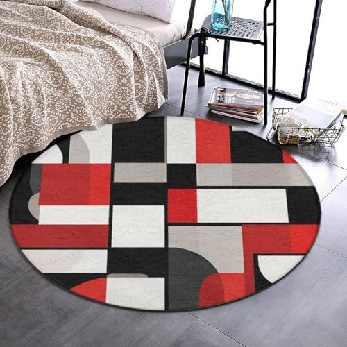 Fashion Round Area Rug Large Non Slip Carpet, Red Black Grey White Art Unisex Home Decor Mat