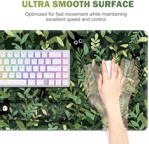 Large Desk Mat, Cute Anime Cats Gaming Mouse Pad, Desk Pad Protector, XXL Mousepad + Keyboard Wrist Rest+Mouse Wrist Rest+Coaster Set with Ergonomic Desk Pad for Home Office PC Computer, Green Leaves