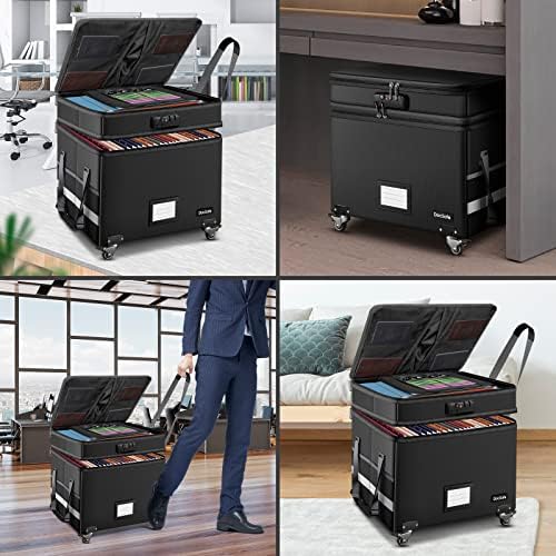 DocSafe Fireproof Document Box with Lock,2-Layer File Box with Wheels,Collapsible File Storage Organizer with Pockets,Large Portable Home Filing Cabinet for Hanging Folders,Black,16''x13.8''x12.2''