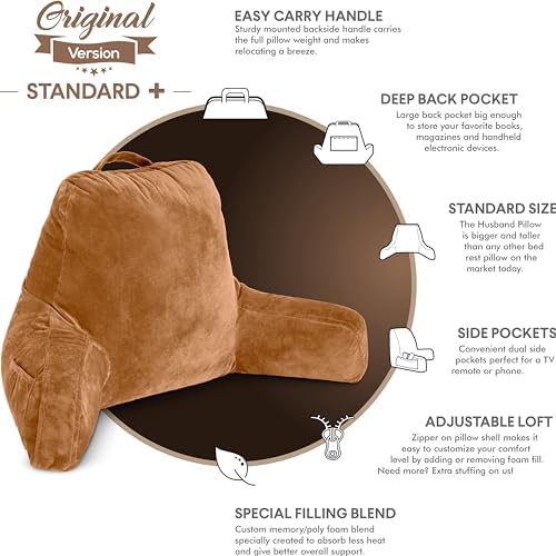 Husband Pillow Tan, Original Reading Pillow in Bed Rest Chair, Shredded Memory Foam Large Lounge Cushion Adult Backrest with Arms, Comfy Back Support for Sit Sitting Up, Washable/Removable Cover