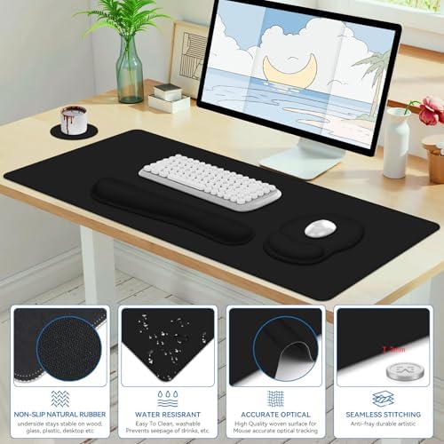 Mouse Pad Desk Pad Protector, Keyboard Wrist Rest + Mousepad Wrist Rest +Coaster, Large Gaming Mouse Pad for Computer Keyboard Desks Laptop, XXL Desk Mat Writing Pad for Office and Home, Cool Black