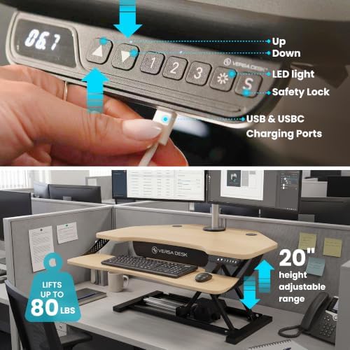 VERSADESK PowerPro Elite Smart Corner Standing Desk Converter, Electric Adjustable Desk Riser w/ Keyboard Tray, USB C Ports & App Control, Dual Monitor Stand for Home Office & Gaming, (Maple, 36")