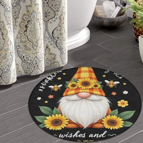 Large Home Decor Mat, Soft Round Yoga Carpet, Non Slip Machine Washable Kitchen Office Circle Rug Sunflower Gnome