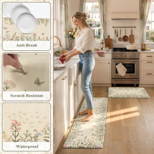 KIMODE Kitchen Mats Cushioned Anti Fatigue 17"x47"+17"x29", Farmhouse Kitchen Mats for Floor 2 Piece, Padded Kitchen Floor Mats Non Slip, Cream Wildflower Standing Mat for Laundry Bath Sink Office
