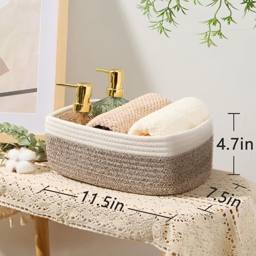 MiniArk Small Storage Baskets for Organizing | Closet Organizer Bins | Shelf Toy Basket | Woven Rope Baskets | Cube Decorative Box | Shallow Basket | 11.5x7.5x4.7” | 3 Packs White Brown