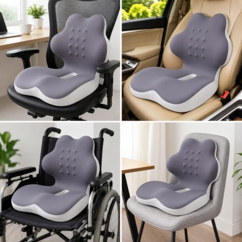 Ergonomic L-Shaped Memory Foam Seat Cushion with Lumbar Support, One-Piece Office Chair Cushion for Tailbone, Hip & Lower Back Pain Relief, Car Seat, Truck, Wheelchair & Home, Gray